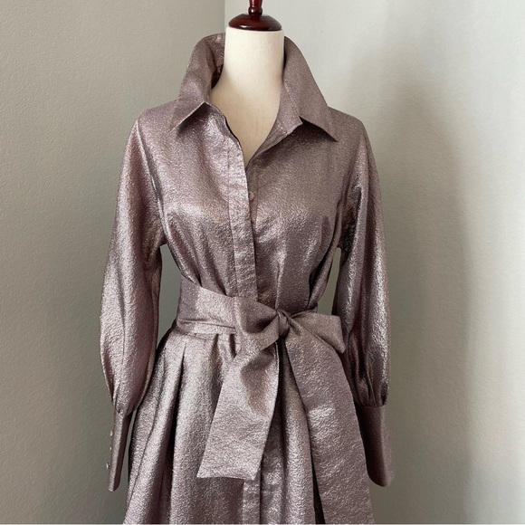 Teri Jon Metallic Jacquard Shirt Dress Event Glown Maxi Long Sleeves Size 12 - Picture 9 of 16